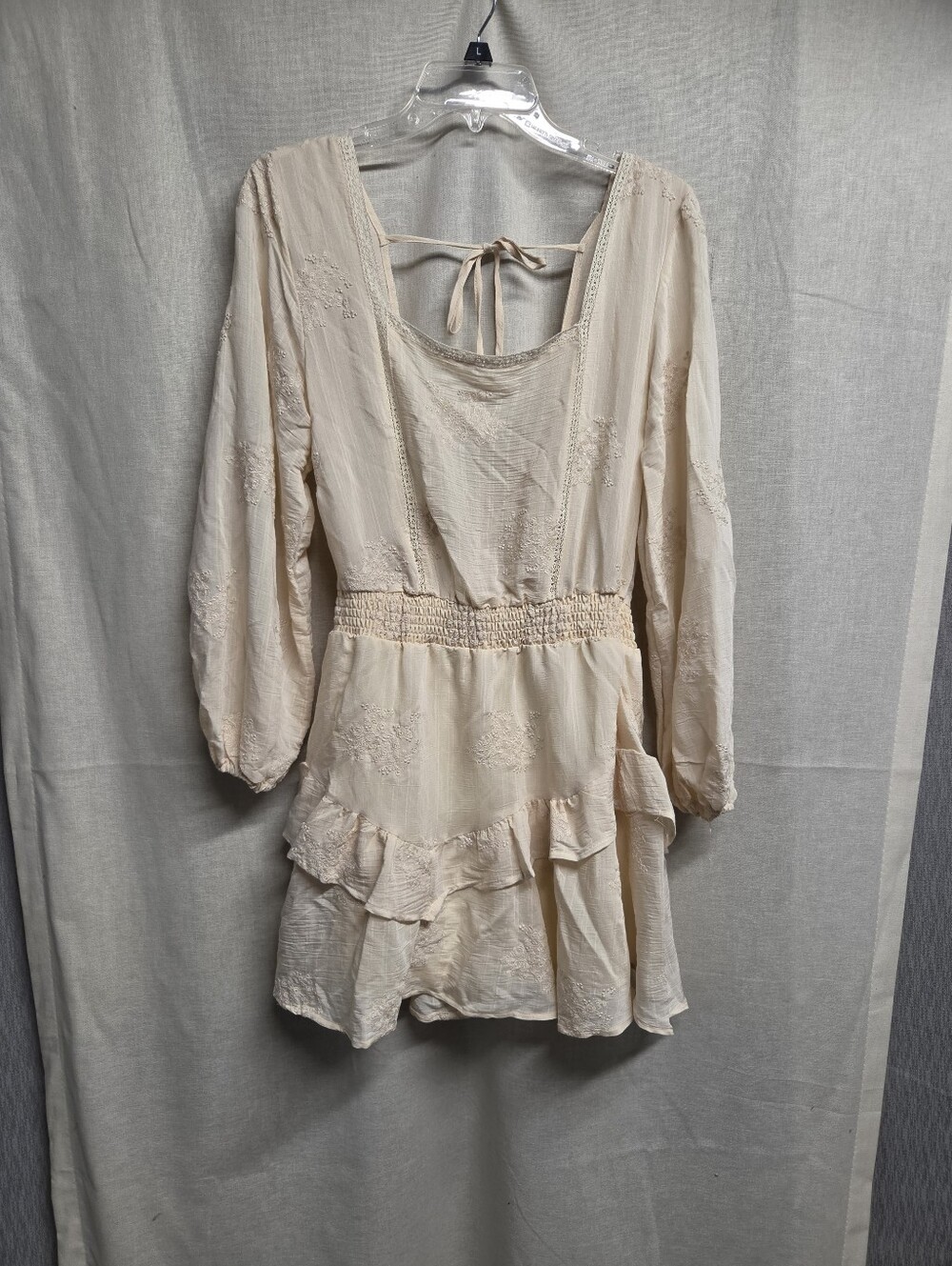 Women's Long Sleeve Cream Tiered Ruffle Dress
